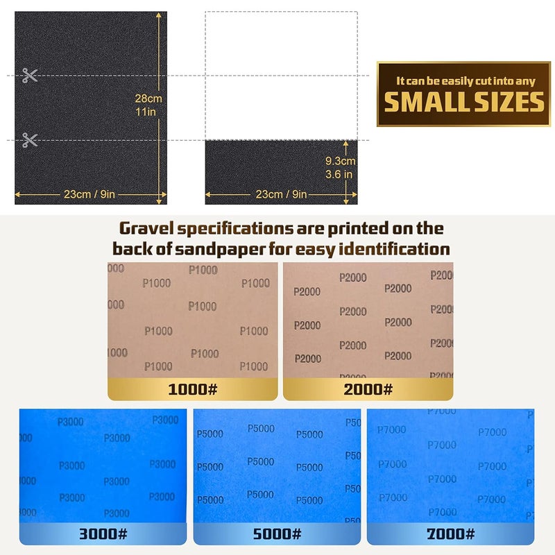 LCubro 25PCS Sandpaper, Wet Dry Sandpaper, High Grit 1000 2000 3000 5000 7000 Sandpaper Sheets Assortment for Wood Metal Polishing Automotive Sanding, 9 x 11 inches - Image 2